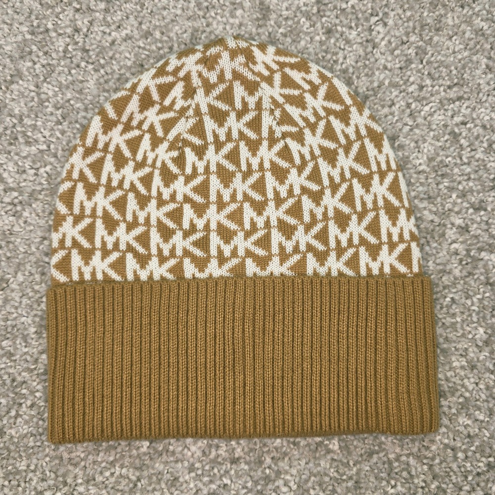Michael Kors Women Monogram Logo Beanie Knit Hat Camel Brown White One Size NWOT